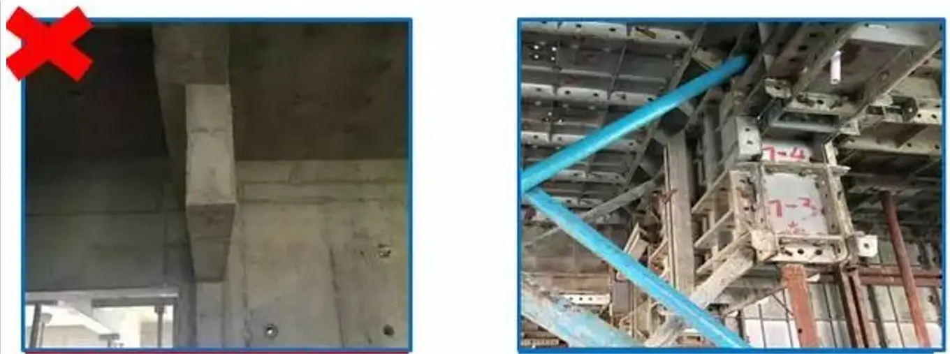 La carga excéntrica en la viga inferior provoca su desplazamiento. Es necesario reforzar la viga inferior con diagonales y contrafuertes antes del vertido de concreto