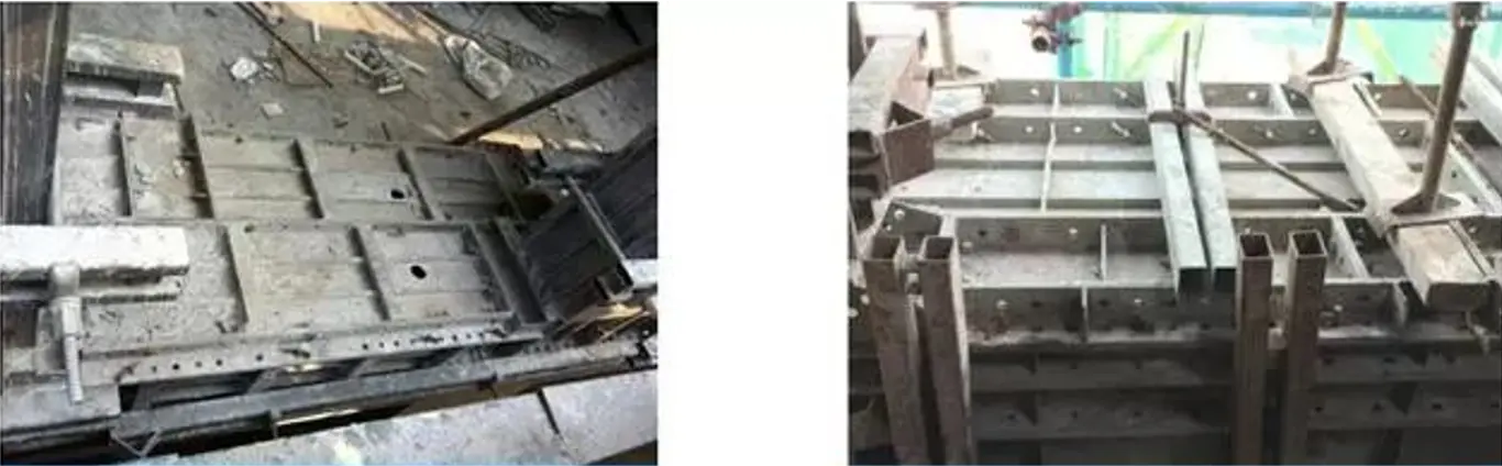 Se utiliza un sistema cerrado de encofrado de concreto y se instalan orificios de ventilación. Se colocan varillas tensoras y refuerzos posteriores en las placas para mejorar su resistencia.